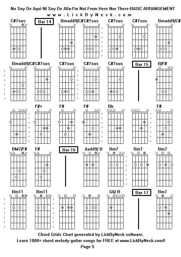 Chord Grids Chart of chord melody fingerstyle guitar song-No Soy De Aqui Ni Soy De Alla-I'm Not From Here Nor There-BASIC ARRANGEMENT,generated by LickByNeck software.